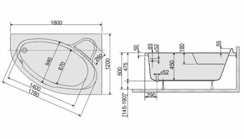 Sanplast Comfort wanna asymetryczna prawa WAP/CO 120x180+ST6 610-060-0550-10-000