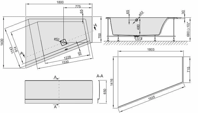 Sanplast Space Line wanna narożna asymetryczna lewa WTL-kpl/SPACE 140x180+SP 610-100-1250-01-000