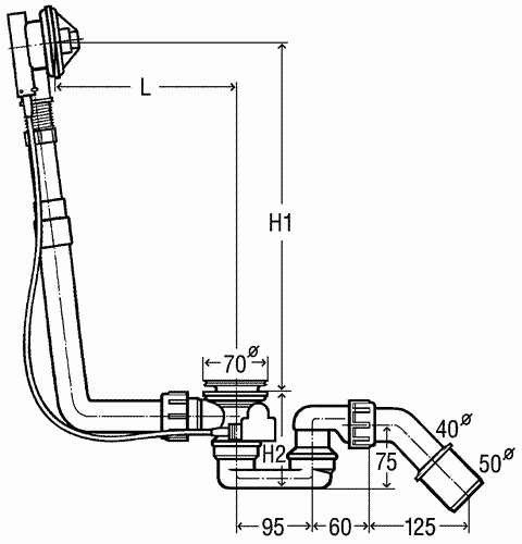 Wymiary:
 L - 130- 370 mm,
H1 - 180 - 430 mm,
H2 - 110 mm
długość cięgna Bowdena 725 mm