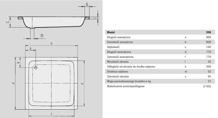Kaldewei Sanidusch brodzik kwadratowy 90x90x14cm model 396 3311.0001.0001
