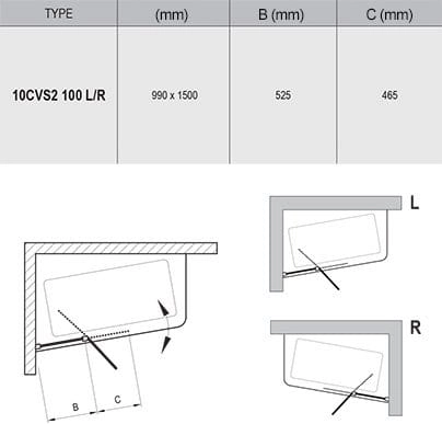 Ravak 10° parawan nawannowy 100x150cm 10CVS2-100 Lewy satyna+transparent 7QLA0U03Z1