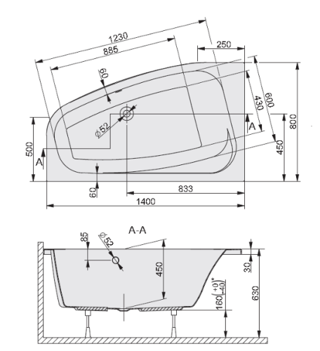 Sanplast Free Line wanna asymetryczna lewa WAL/FREE 80x140+ST26 610-040-0420-01-000