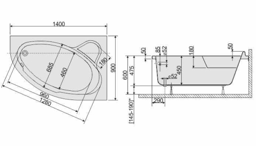 Sanplast Comfort wanna asymetryczna prawa WAP/CO 90x140+ST5 610-060-0150-10-000