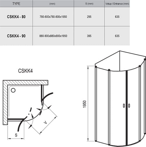 Ravak Chrome kabina półokrągła CSKK-4 80 cm, drzwi otwierana, profil polerowany 3Q140C00Z1