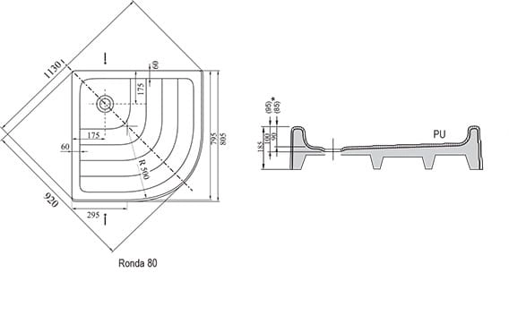 Ravak Ronda PU brodzik półokrągły 80x80x18,5/9cm, promień 500 A204001120