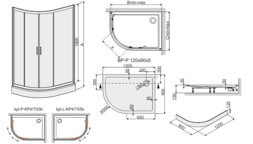 Sanplast TX5b kabina półokrągła 90x120 cm prawa W15 sb z brodzikiem kpl-P-KP4/TX5b-90x120-W15 602-271-0320-38-231 