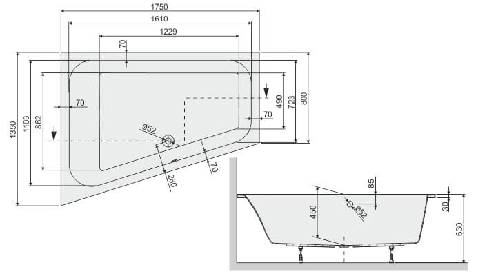 Sanplast Free Line wanna trapezowa lewa WTL/FREE 175x135x80+STW 610-040-1320-01-000