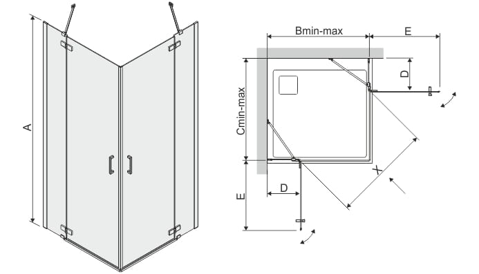 wymiar A 2003 mm, wymiar B=C 865-885 mm, wymiar D 278 mm, wymiar E 615 mm, wymiar X 850 mm
