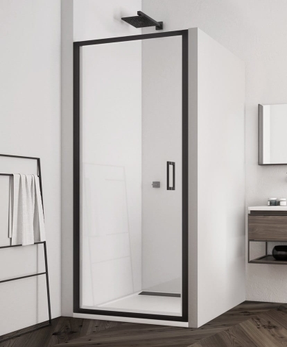 Sanswiss Top-Line S black na wymiar, drzwi wahadłowe jednoskrzydłowe, profile czarny mat, szkło bezbarwne TLSPGSM20607