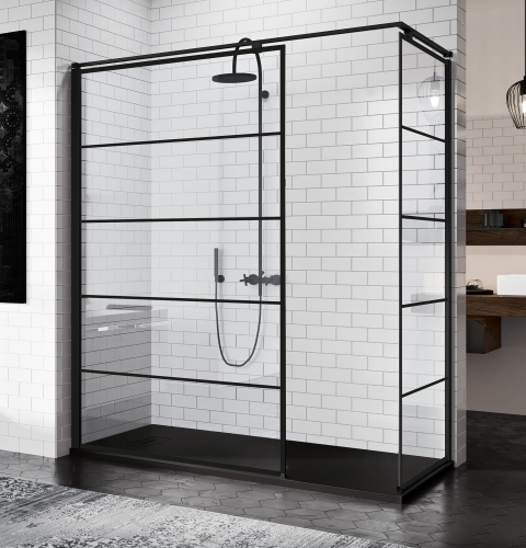 Novellini Kuadra H Stripes kabina prostokątna Walk-In, czarny mat, szkło bezbarwne KUADH80H80SF-H