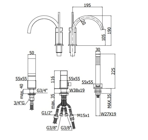 Paffoni Level Cubo bateria wannowa 3-otw. LEC040CR