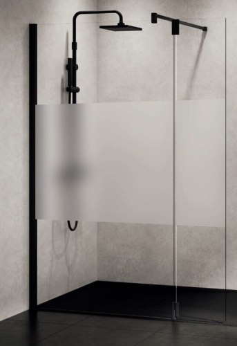 Novellini Kuadra H+HFA ścianka prysznicowa 77-80cm+37cm, profil czarny mat, szkło pas satynowy, lewe KUADH80-44H + KUADHA37S-44H