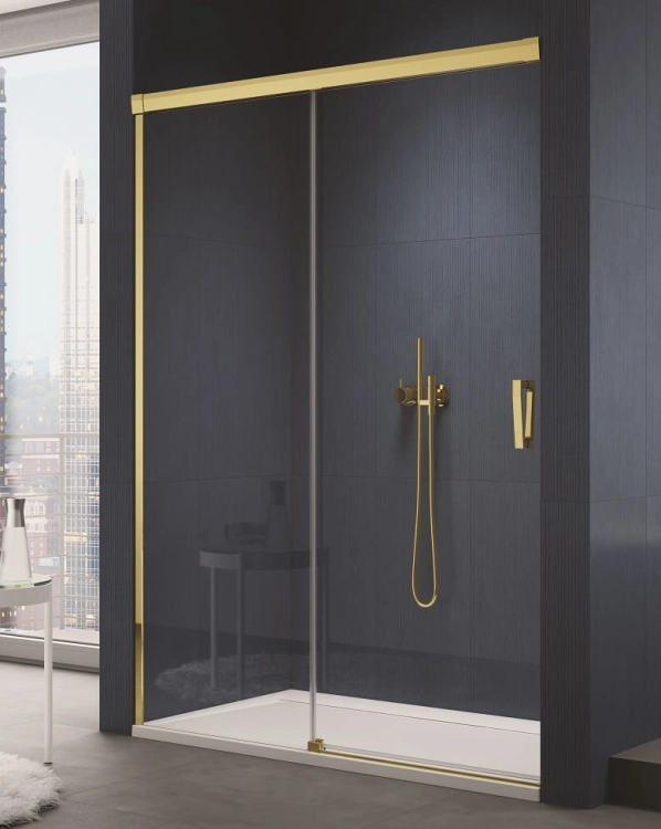 Sanswiss Cadura Gold Line drzwi przesuwne dwuczęściowe 110cm, lewe, profil złoty, szkło bezbarwne CAS2G1101207