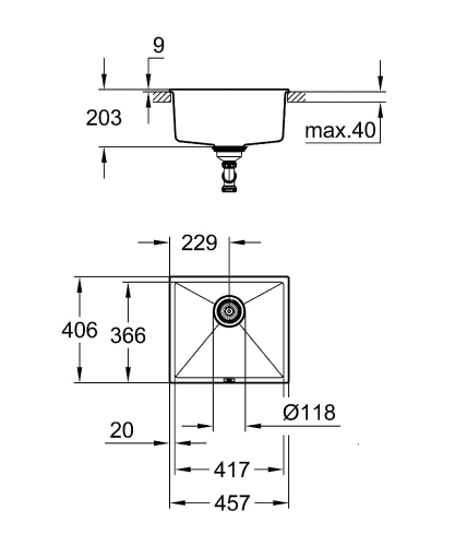 Grohe K700 zlewozmywak podblatowy/wpuszczany w blat 45,7x40,6cm, czarny granit 31653AP0