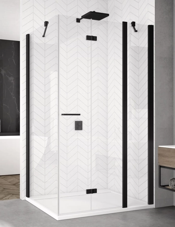 Sanswiss Solino black kabina prostokątna 120x90cm prawa, drzwi składane ze ścianką stałą w linii, profil czarny mat, szkło bezbarwne SOLF13D1200SOLT109000607