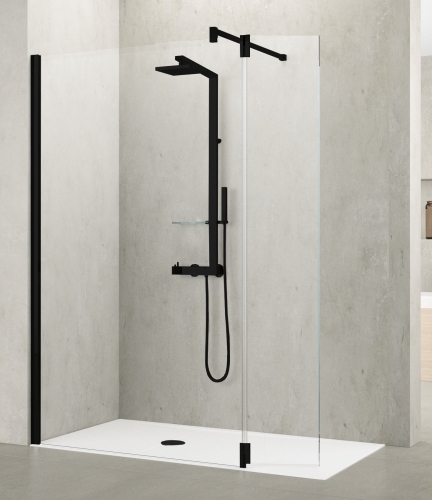 Novellini Kuadra H+HFA ścianka prysznicowa 97-100cm+37cm, profil czarny mat, szkło bezbarwne KUADH100-1H + KUADHA37-1H