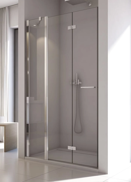 Sanswiss Solino drzwi wnękowe łamane ze ścianką w lini, lewe 120cm (118-120 cm) profil srebrny połysk, szkło bezbarwne SOLF13G1205007VSOL50