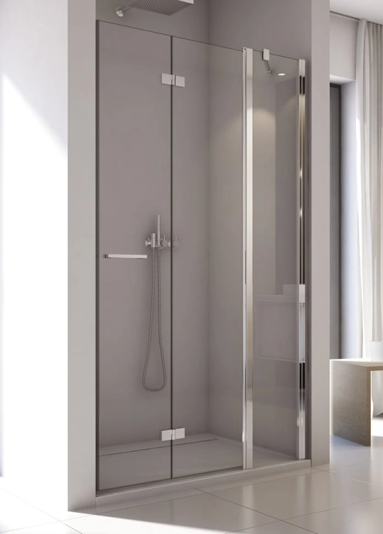 Sanswiss Solino drzwi wnękowe łamane ze ścianką w lini, prawe 120cm (118-120 cm) profil srebrny połysk, szkło bezbarwne SOLF13D1205007VSOL50