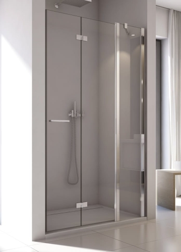 Sanswiss Solino drzwi wnękowe łamane ze ścianką w lini, prawe 160cm (158-160 cm) profil srebrny połysk, szkło bezbarwne SOLF13D1605007VSOL50