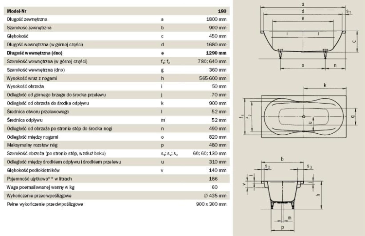 Wanna prostokątna 180x90cm Mega Duo Kaldewei 223400010001