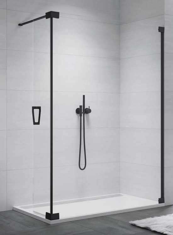 Sanswiss Walk-In Cadura wolnostojąca ścianka stała z elementem ruchomym 120+44cm, prawa, profil czarny mat, szkło bezbarwne CADUOD1200607