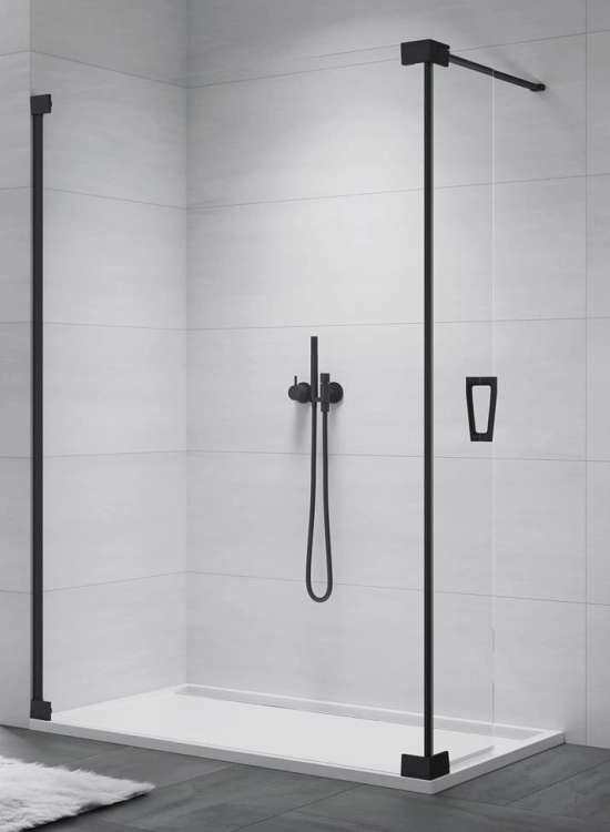 Sanswiss Walk-In Cadura wolnostojąca ścianka stała z elementem ruchomym 140+44cm, lewa, profil czarny mat, szkło bezbarwne CADUOG1400607