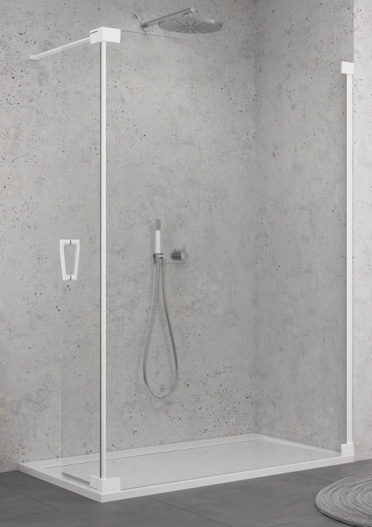 Sanswiss Walk-In Cadura wolnostojąca ścianka stała z elementem ruchomym 140+44cm, prawa, profil biały mat, szkło bezbarwne CADUOD1400907