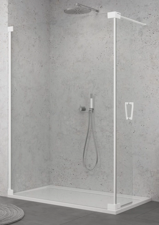 Sanswiss Walk-In Cadura wolnostojąca ścianka stała z elementem ruchomym 140+44cm, lewa, profil biały mat, szkło bezbarwne CADUOG1400907