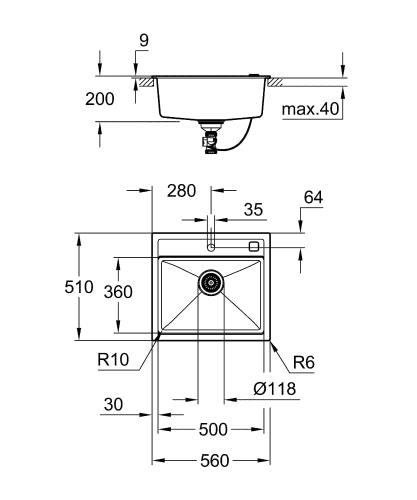 Grohe K700 zlewozmywak wpuszczany w blat 56x51cm, czarny granit 31651AP0
