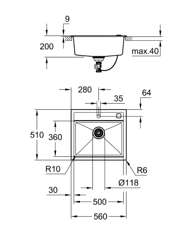 Grohe K700 zlewozmywak wpuszczany w blat 56x51cm, czarny granit 31651AP0