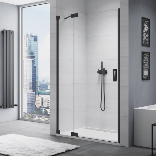 Sanswiss Cadura drzwi wahadłowe wnękowe z elementem stałym w linii 110cm (107,5-110,5cm), lewe profil czarny mat, szkło bezbarwne CA13G1100607+V2.CA.06