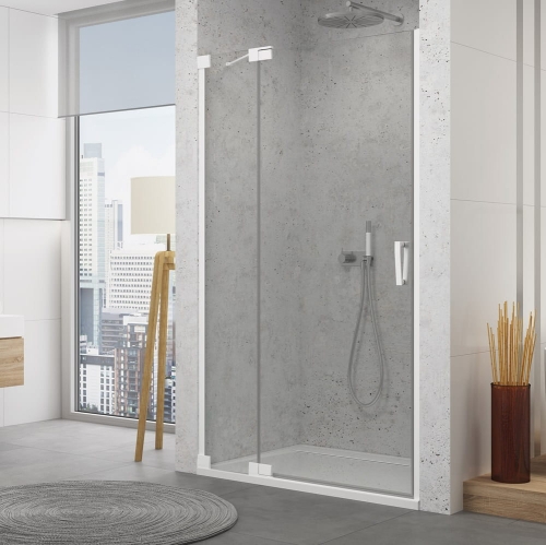 Sanswiss Cadura drzwi wahadłowe wnękowe z elementem stałym w linii 100cm (97,5-100,5cm), lewe profil biały mat, szkło bezbarwne CA13G1000907+V2.CA.09
