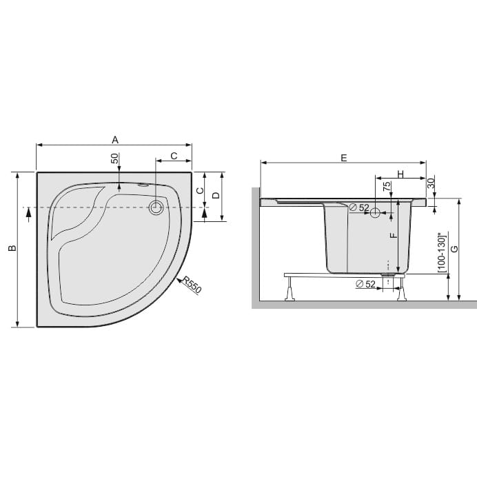 Sanplast Eko Plus brodzik półokrągły BPzs-a/EKOPLUS 80x80x25+ST2, promień 550 615-131-0620-01-000