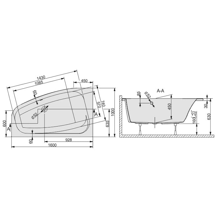 Sanplast Free Line wanna asymetryczna lewa WAL/FREE 100x160+ST27 610-040-0880-01-000