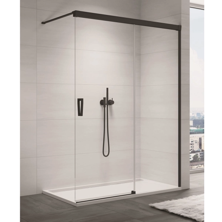 Sanswiss Walk-In Cadura Black Line ścianka wolnostojąca 150cm, dwuczęściowa z elementem przesuwnym, prawa, profil czarny mat, szkło bezbarwne CAW2D1500607