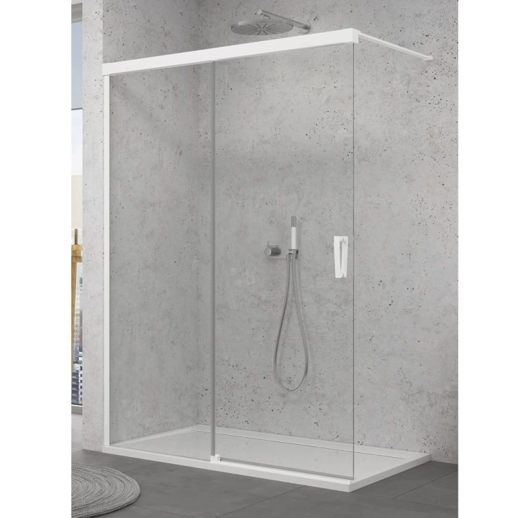 Sanswiss Walk-In Cadura White Line ścianka wolnostojąca 110cm, dwuczęściowa z elementem przesuwnym, lewa, profil biały mat, szkło bezbarwne CAW2G1100907
