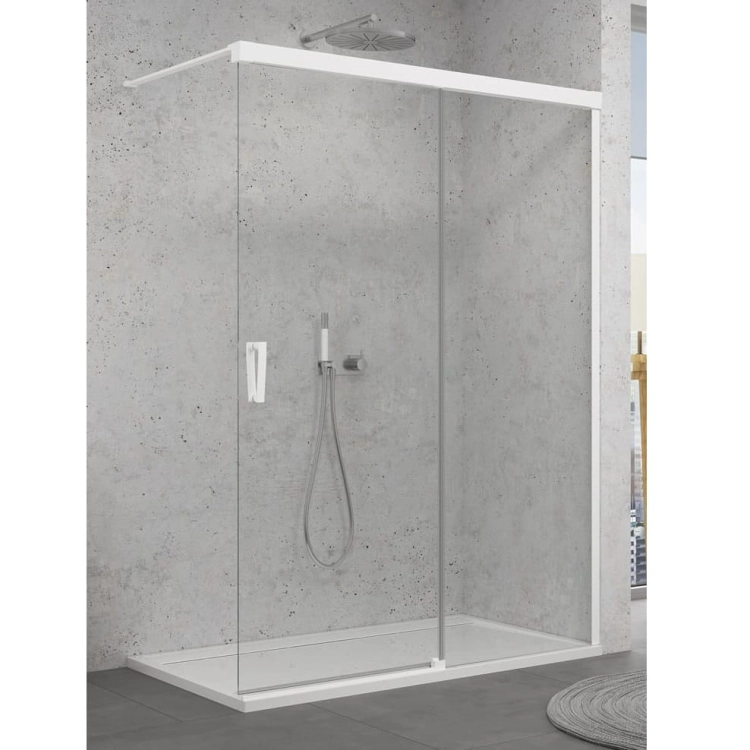 Sanswiss Walk-In Cadura White Line ścianka wolnostojąca 140cm, dwuczęściowa z elementem przesuwnym, prawa, profil biały mat, szkło bezbarwne CAW2D1400907