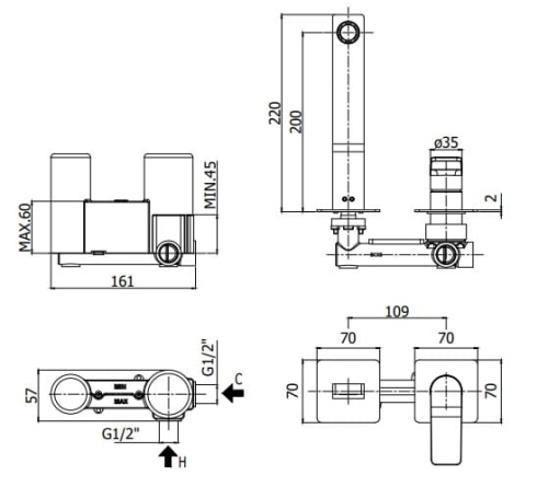 Paffoni Tilt bateria umywalkowa podtynkowa, wylewka 200mm, czarny mat TI105NO70