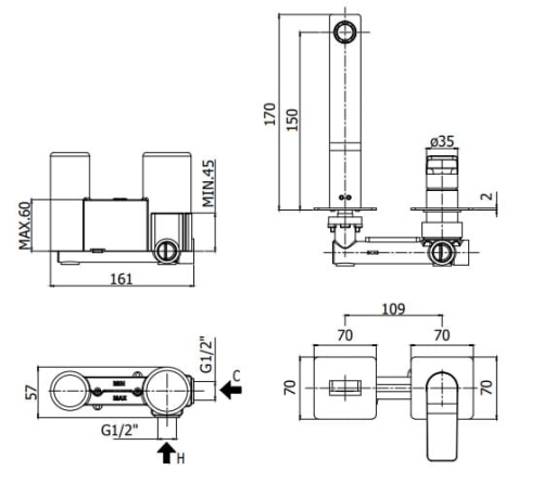 Paffoni Tilt bateria umywalkowa podtynkowa, wylewka 150mm, czarny mat TI104NO70