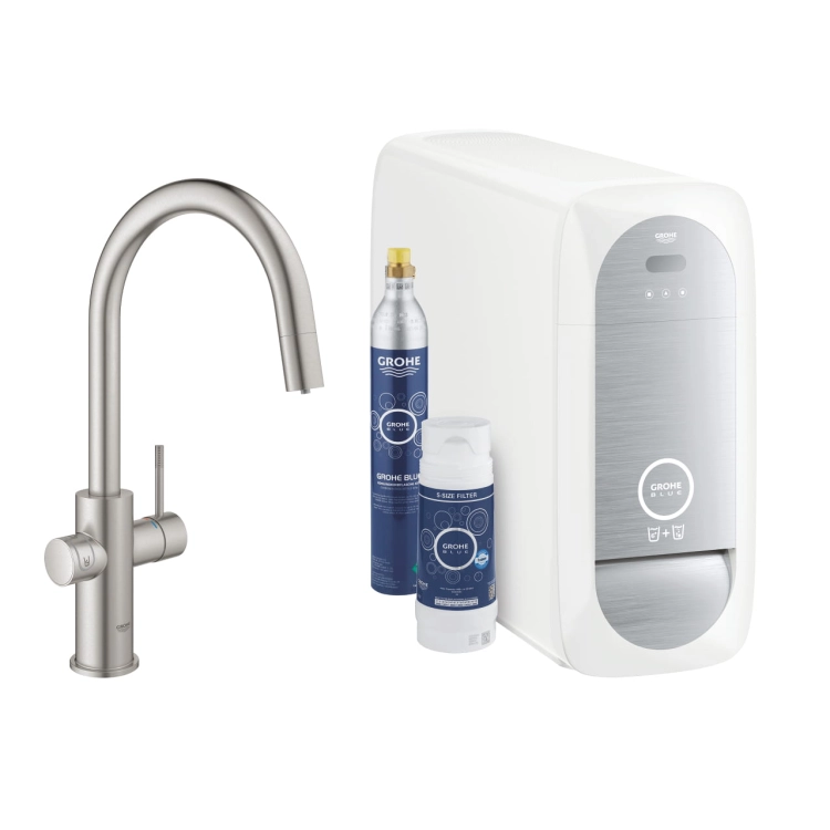 Grohe Blue Home zestaw startowy z wylewką w kształcie C, wylewka wyciągana, stal nierdzewna 31541DC0