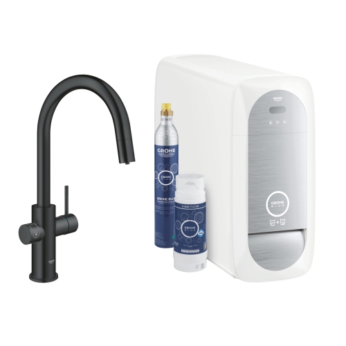Grohe Blue Home zestaw startowy z wylewką w kształcie C, wylewka wyciągana, aksamitna czerń 31541KS0