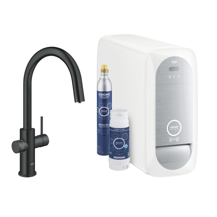 Grohe Blue Home zestaw startowy z wylewką w kształcie C, wylewka wyciągana, aksamitna czerń 31541KS0