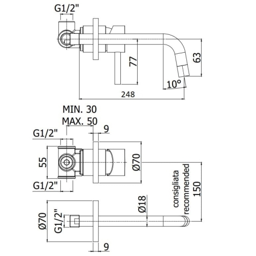 Paffoni Light bateria umywalkowa podtynkowa wylewka l-248mm, chrom LIG007CR70