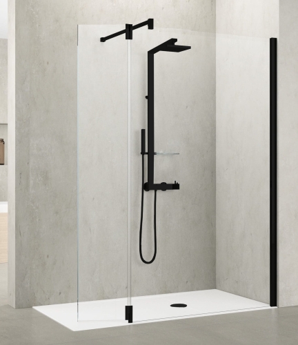 Novellini Kuadra H+HA ścianka prysznicowa 137-140cm+37cm, profil czarny mat, szkło bezbarwne KUADH140-1H + KUADHA37-1H