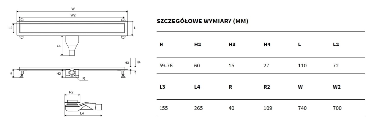 Excellent Stilio odpływ liniowy 700mm z rusztem do zabudowy płytką INEX.1515.700.P.SNP
