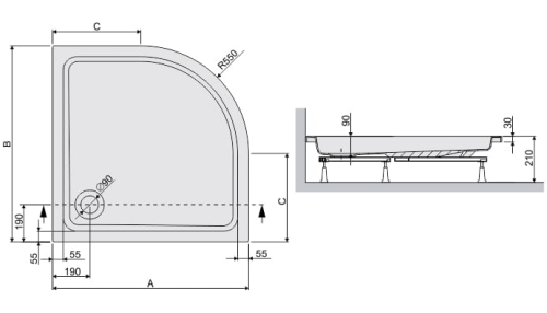 A - 800 mm, B - 800 mm, C - 250 mm