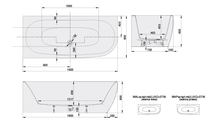 SANPLAST Luxo wanna narożna przyścienna 180x80cm, WAPse-kpl-mb/LUXO 80x180+STW- Npbiew, 632-370-1250-01-010Np