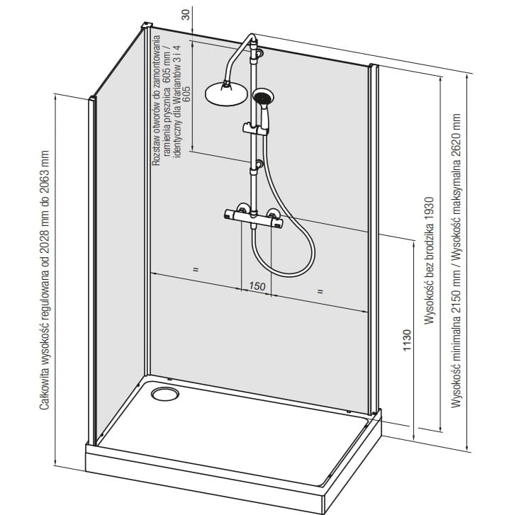 Ronal Modul 1200 kabina czterościenna kwadratowa 90x90cm, wariant 4, wersja montażu: przyścienny 29094P11.40.07