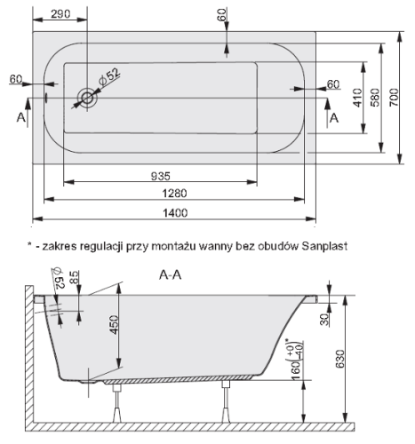 Sanplast Free Line wanna prostokątna WP/FREE 70x140+ST25 610-040-0030-01-000 