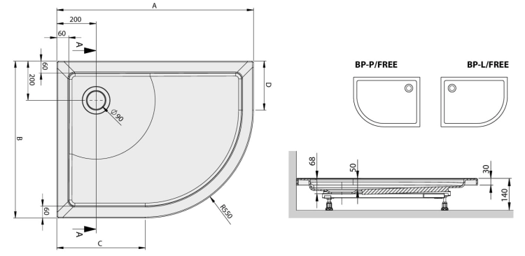 Wymiar A - 1200mm, B - 800mm, C - 650mm, D - 250 mm